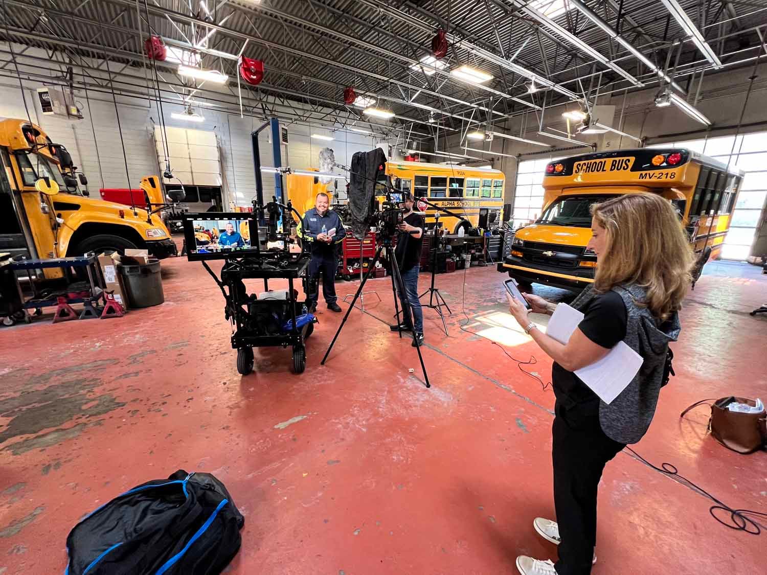 Wide shot of a bus shop production location